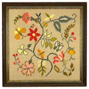 Vintage Framed Floral Needlepoint Butterflies Boho Embroidery Art Hanging 15.5"